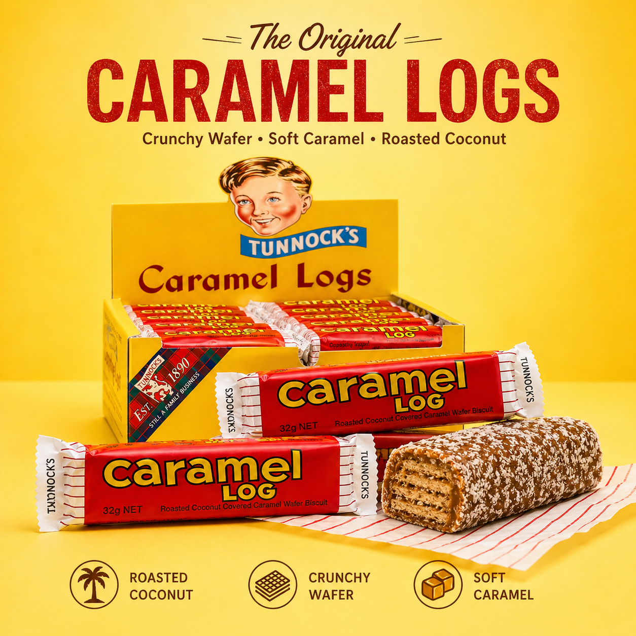 Tunnock Chocolate Caramel Logs Wafer with Roasted Coconut 32 g (Pack of 48)
