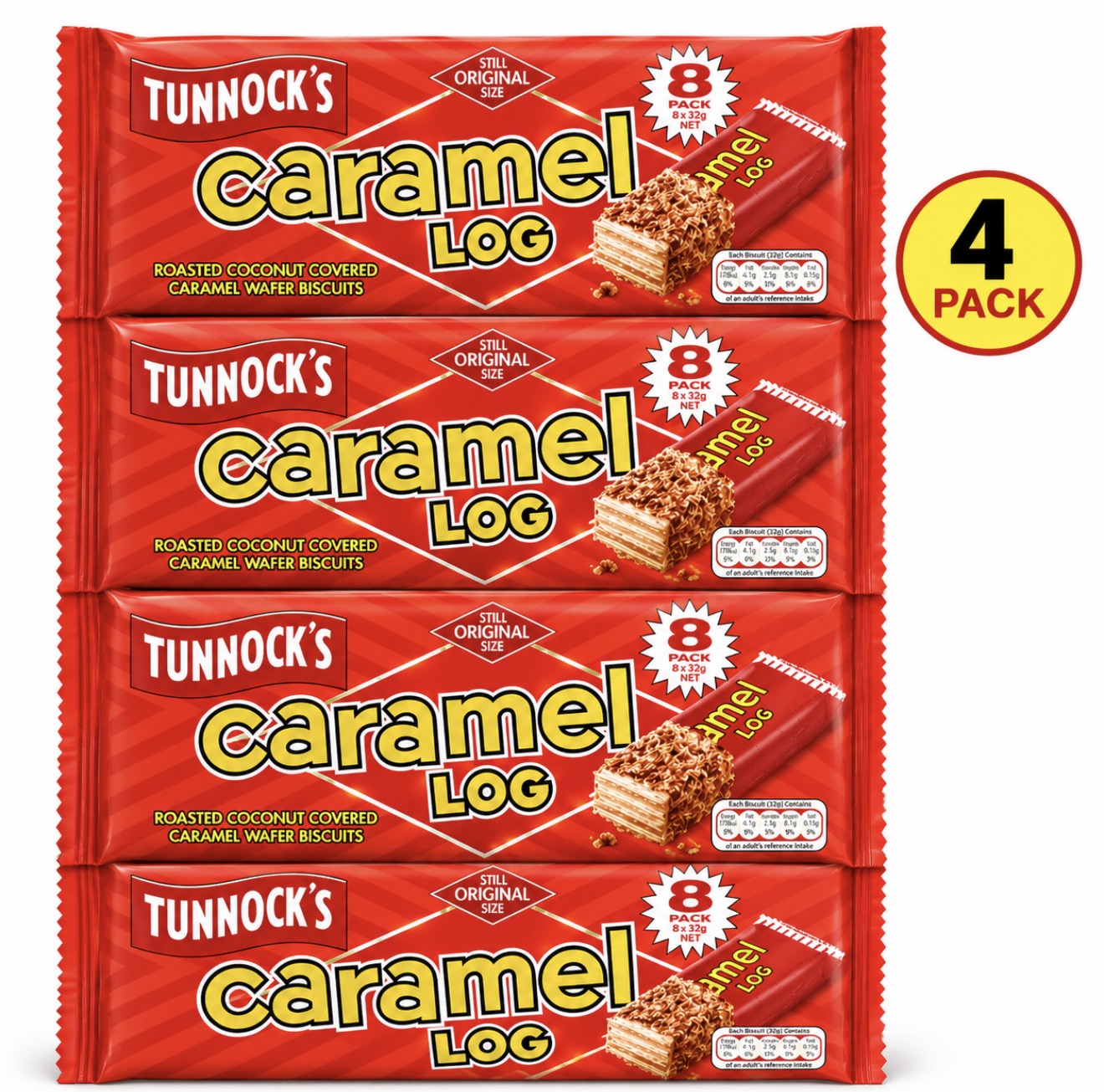 Tunnock’s Caramel Log — 4 Pack (32 Biscuits logs total